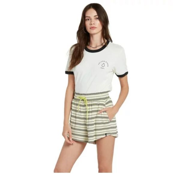 VOLCOM LADIES POPZTONE SHORTS SASSY STRIPED PAIR OF SHORTS HIGH WAISTED NWT - Picture 1 of 6